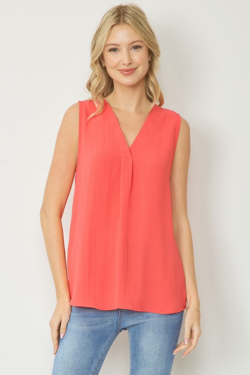 Entro Sleeveless V-Neck Blouse - Coral, airflow, wear to work, layering