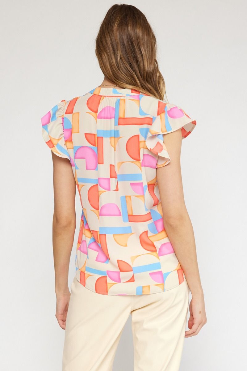 Entro Josie Top - Multi, short ruffle sleeve, abstract print, v-neck placket, curvy,
