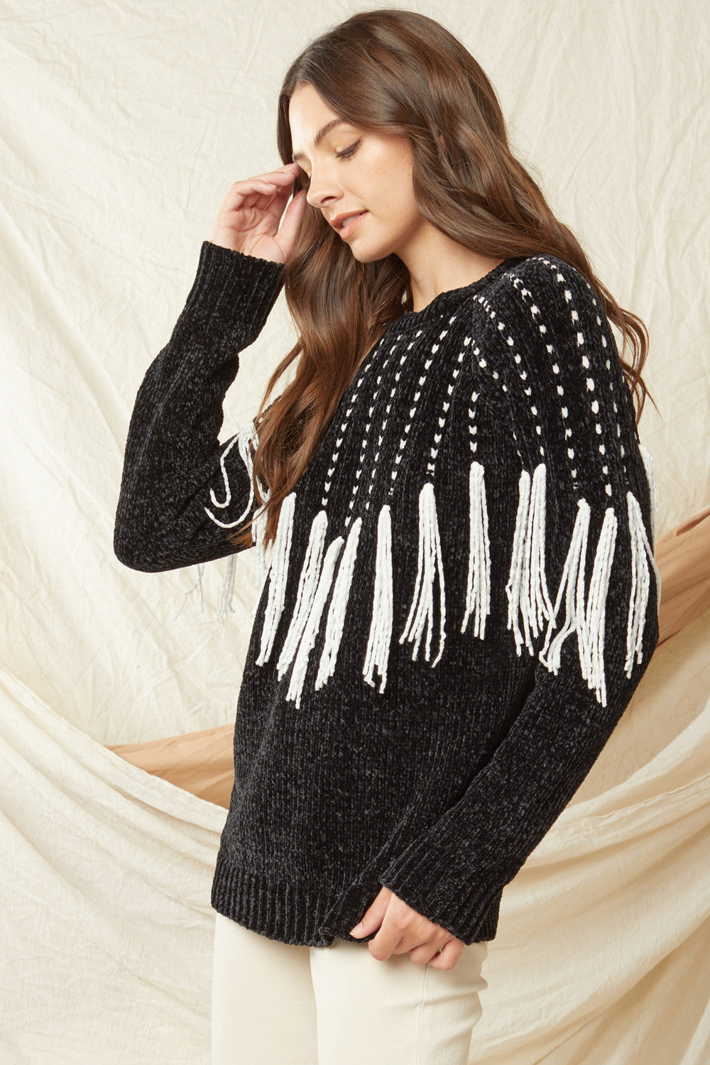 Entro The Party Sweater - Black, chenille, long sleeves, tassels, ribbed