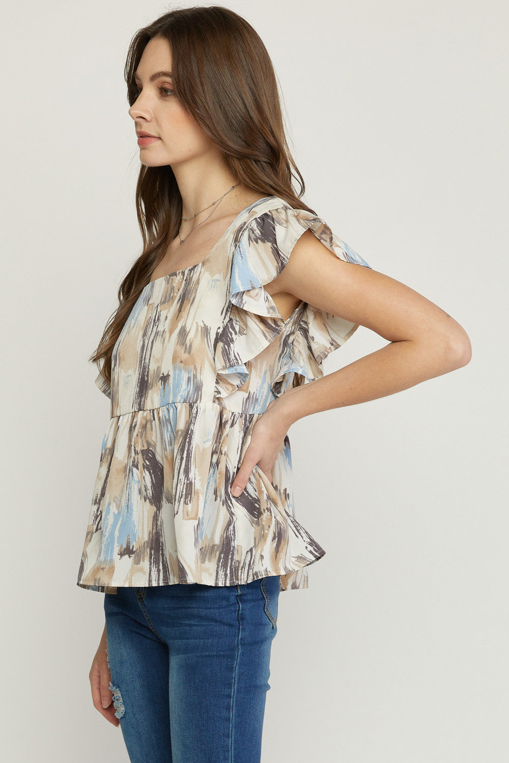 Entro Abstract Print Flutter Sleeve Top - Blue Combo