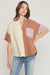 Entro Elaine Top - Clay Combo, color block, short sleeves, v-neck line, collared, pocket front, curvy