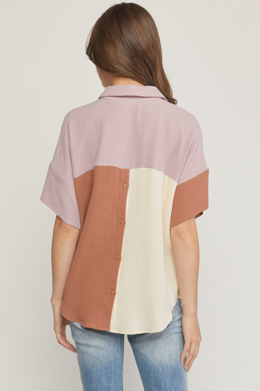 Entro Elaine Top - Clay Combo, color block, short sleeves, v-neck line, collared, pocket front, curvy