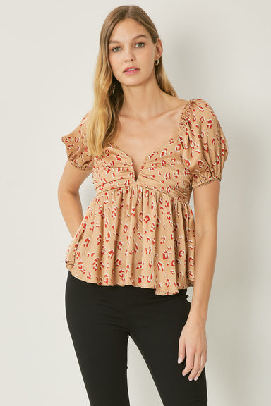 Entro Emilia Top - Camel, v-neck, short puff sleeves, cheetah print, smocked back, babydoll style