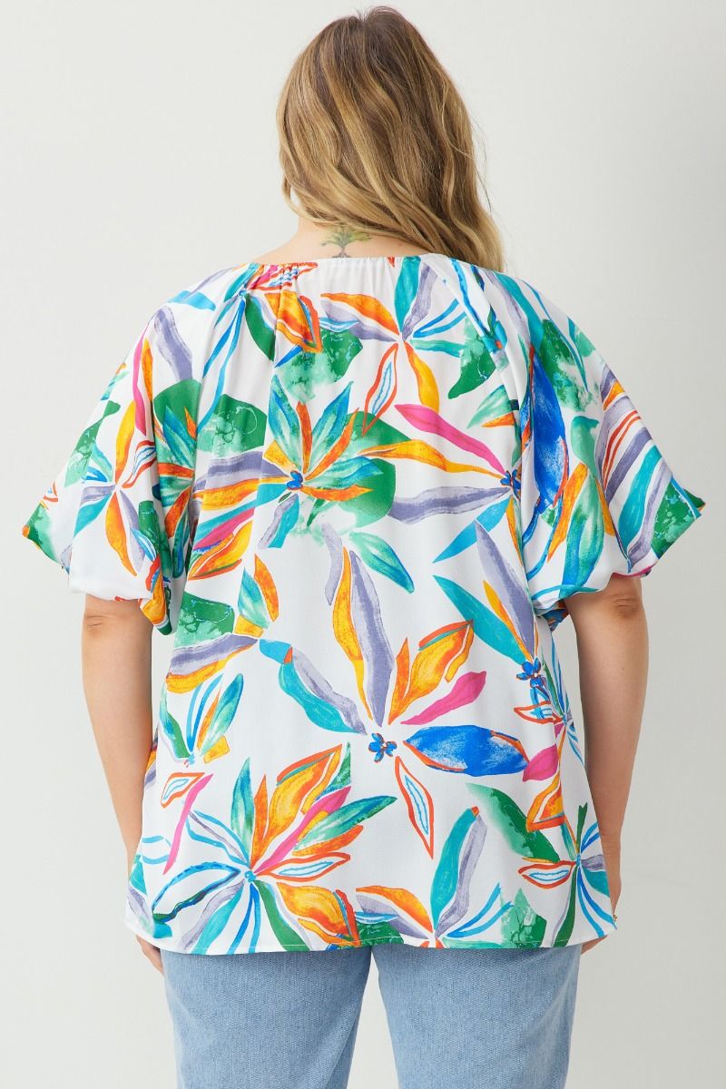 Entro Paradise Fields Top - White, short puff sleeves, tie v-neck, tropical print, curvy