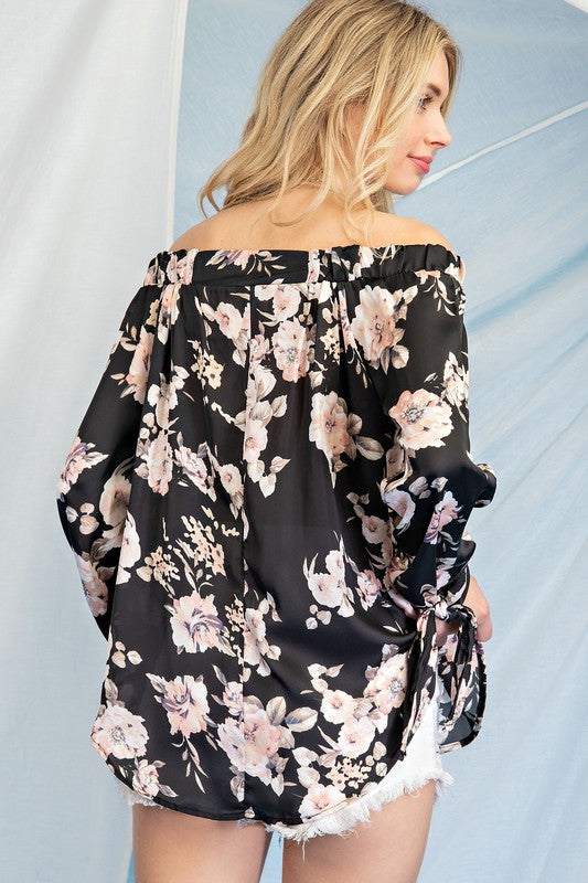 143 Story Fergie Top - Black, floral print, off the shoulder, tie at wrist, trapeze style, long sleeve