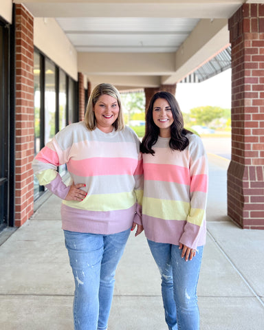 Andree by Unit Steve Sweater - Multi, long sleeve , round neck, pullover, striped, curvy