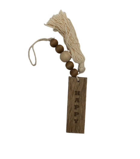 Young's Inc Wooden Tassel Hanging Signs - Happy