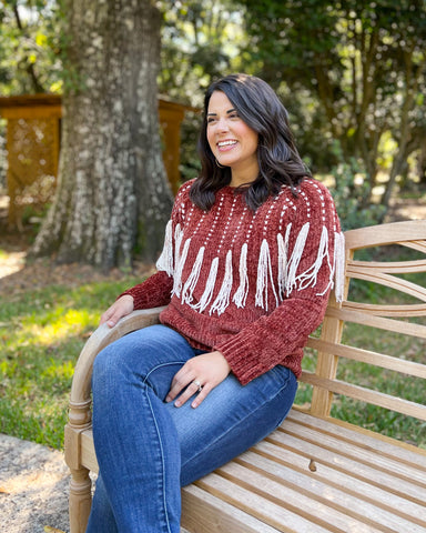 Entro The Party Sweater - Brick, chenille, long sleeves, tassels, ribbed