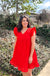  Jodifl Gridlock Dress - Tomato Red, textured, pockets, v-neck, babydoll, short flutter sleeves, ruffle hem