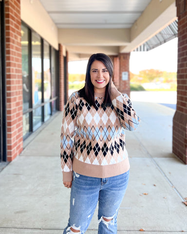 Entro Kaylee Sweater, long sleeves, argyle print, ribbed, pullover