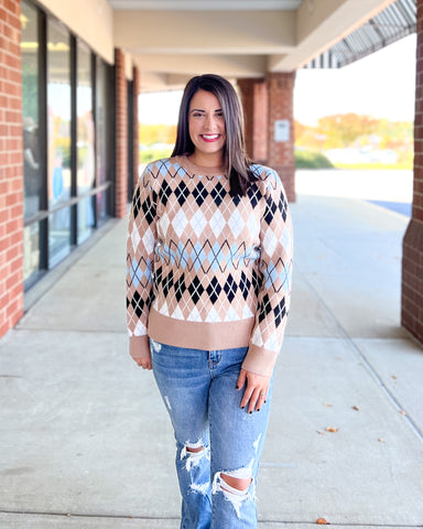 Entro Kaylee Sweater, long sleeves, argyle print, ribbed, pullover