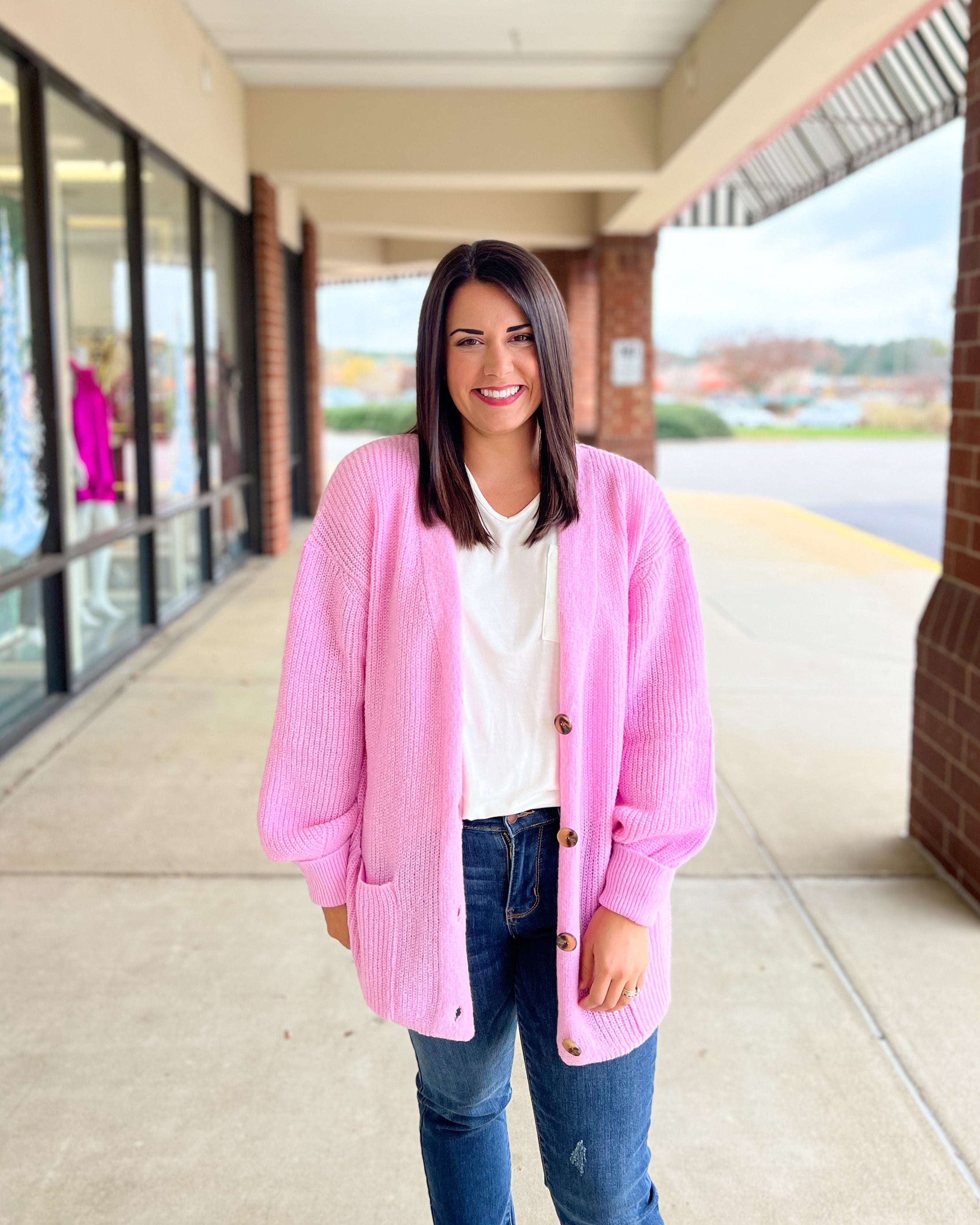 Mud Pie Shelton Cardigan - Pink, oversized, long sleeves,v-neck, button down, front pockets