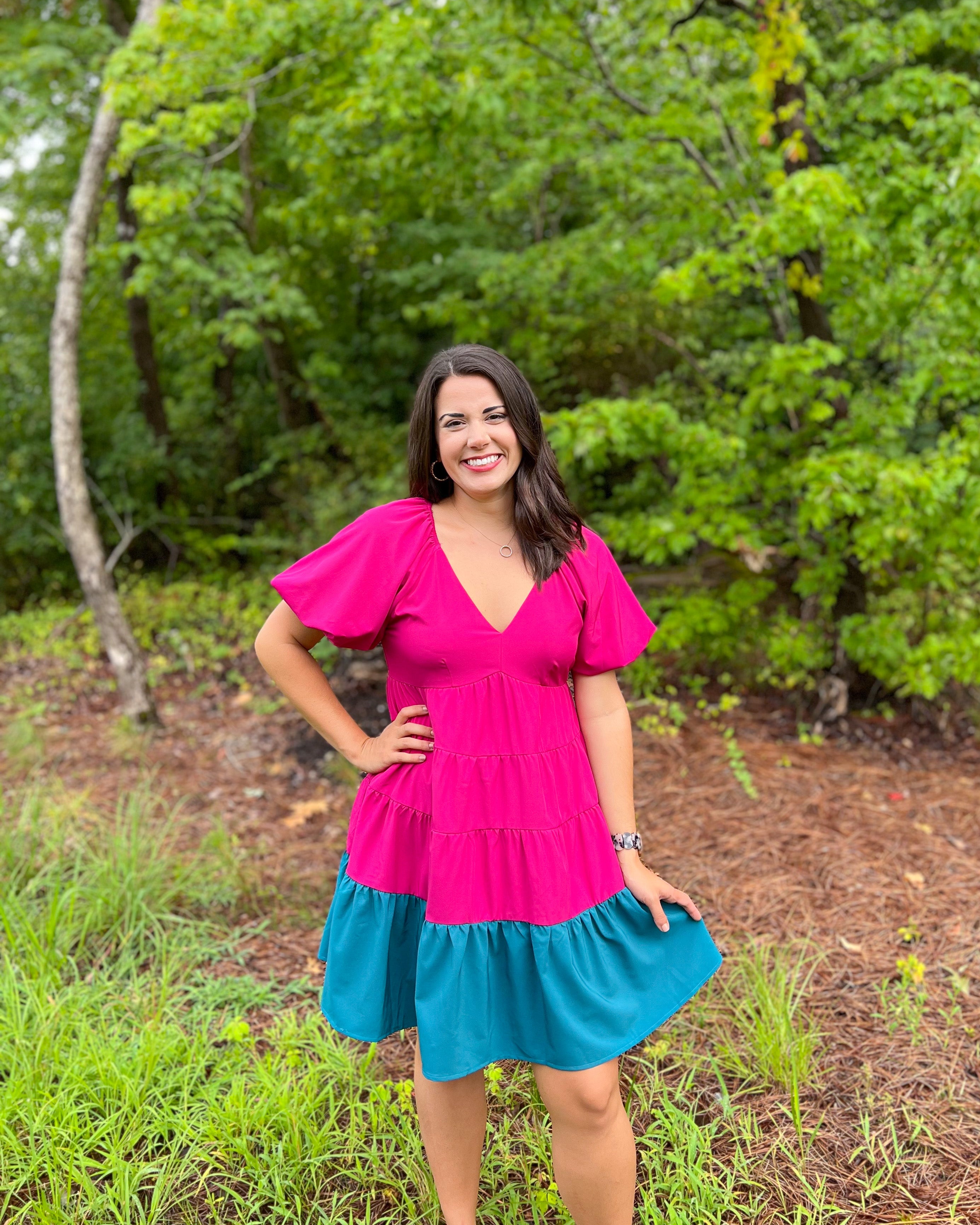Entro Jackie Dress - Plum, tiered, color block, short puff sleeves, v-neck, midi, curvy