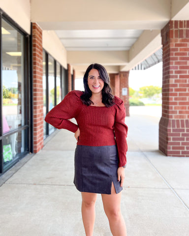 Entro Mindy Sweater - Brick, long puff sleeves, square neck, ribbed, tie back