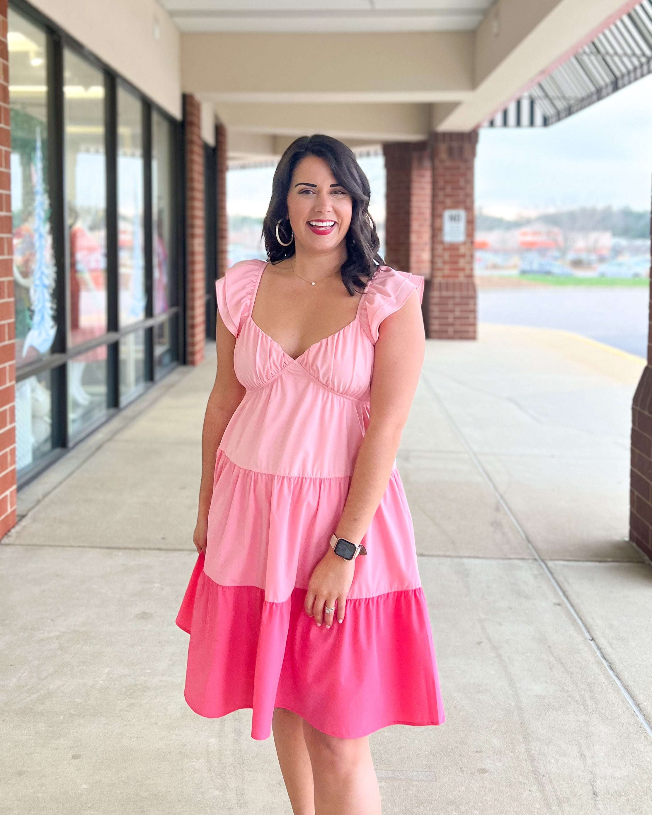 Kori Katherine Dress - Pink Combo, short ruffle cap sleeves, sweetheart neck, tiered, color block, lined, pockets