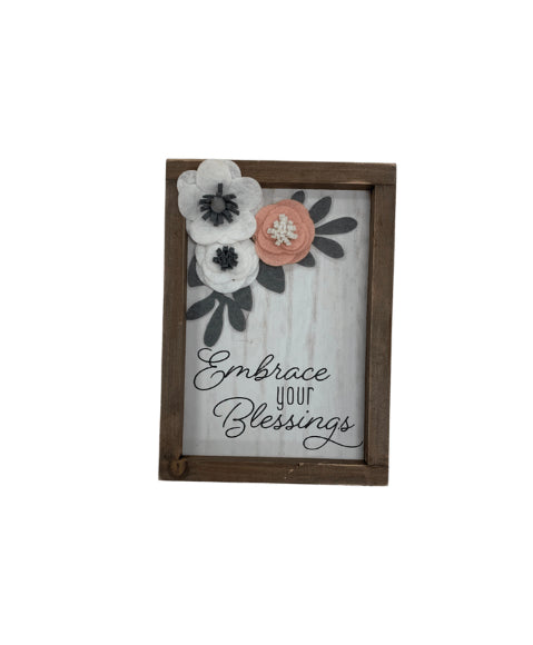 Young's Inc Felt Flower Wooden Box Sign - Blessings