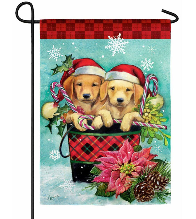 Evergreen Garden Flags - Christmas - Christmas Puppy Bucket