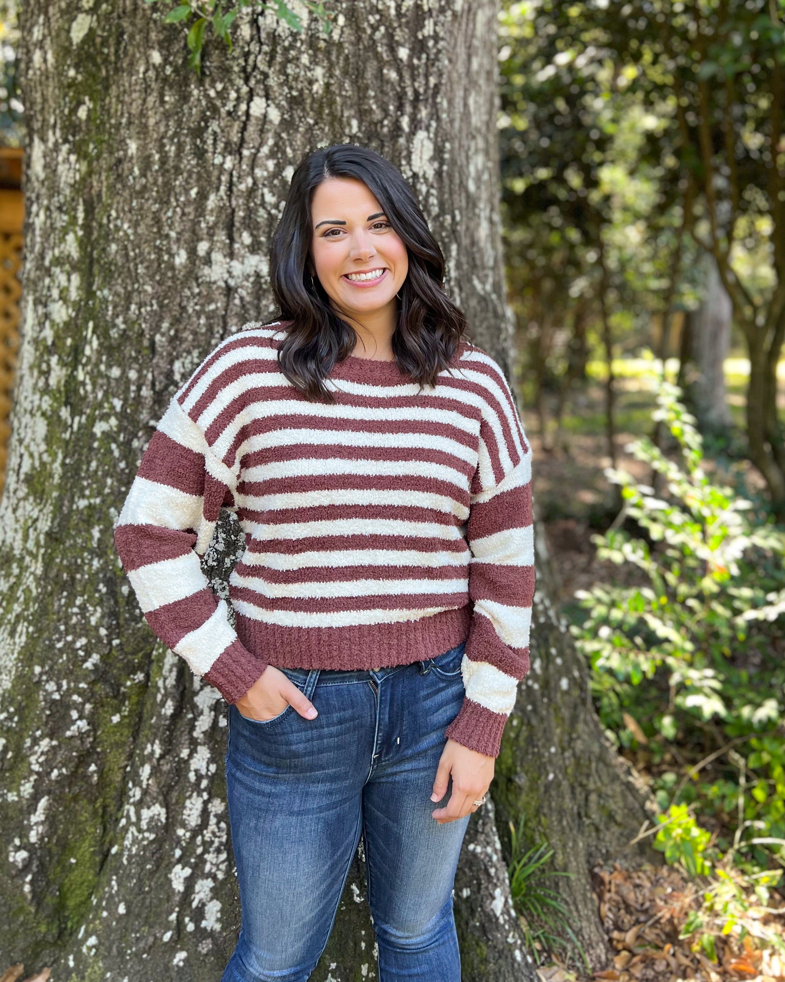 Entro Celia Sweater - Chocolate, long sleeves, striped, chenille