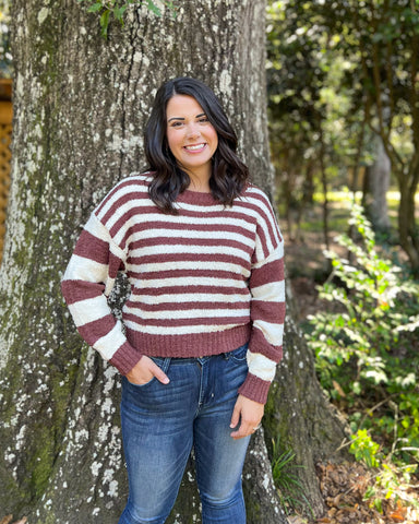 Entro Celia Sweater - Chocolate, long sleeves, striped, chenille