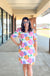 Michelle McDowell Hazel Dress - Sweeten the Day Bubblegum, floral printed, short button sleeves, v-neck, shift mini, curvy