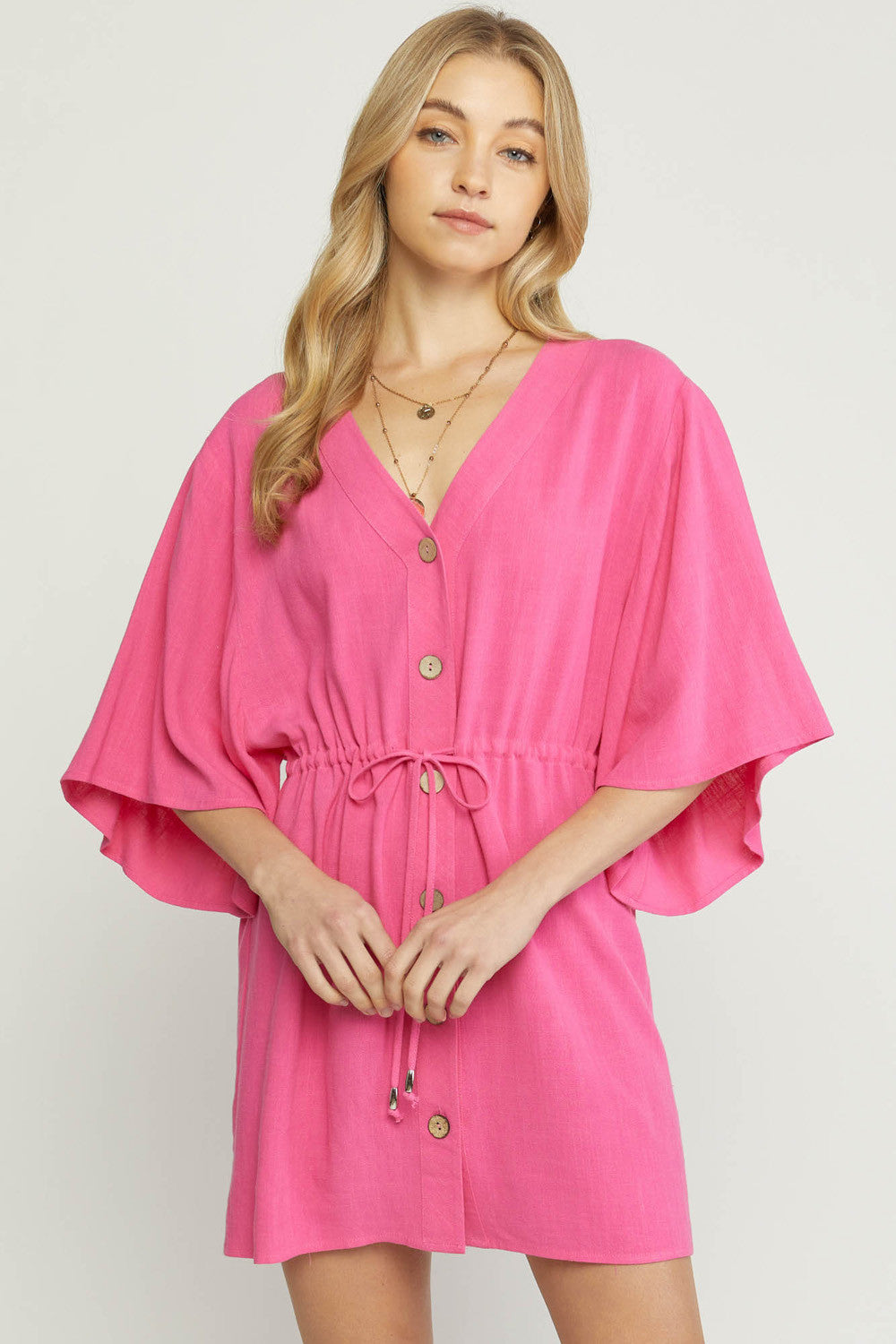 Entro Button Front Dress - Hot Pink