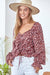 Andree by Unit Katie Top - Maroon, long sleeves, ruffle cuff, sweetheart neckline, floral print, ruched front