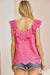 Andree By Unit Eileen Top- Hot Pink, short ruffle sleeves, ruffle neckline, eyelet, scalloped hem, curvy